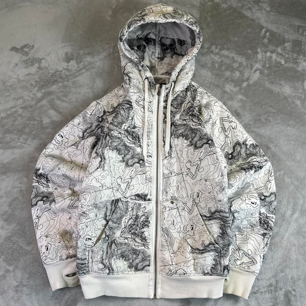 Y2K Empyre Skull Map Zip Up Hoodie White Black Graphic Skate Streetwear Mens S